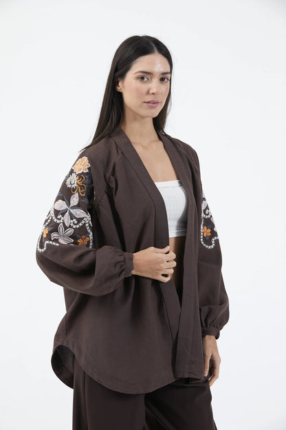Acı Kahve Nakış İşlemeli Mevsimlik Keten Kimono