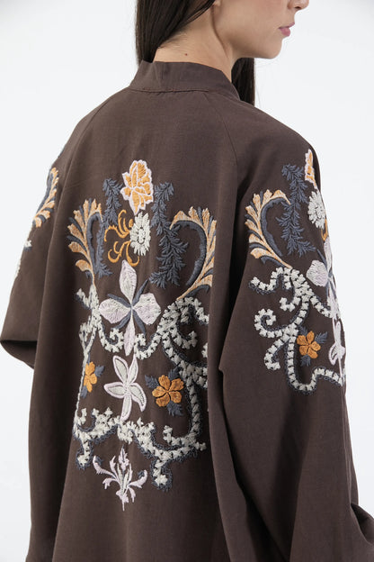 Acı Kahve Nakış İşlemeli Mevsimlik Keten Kimono