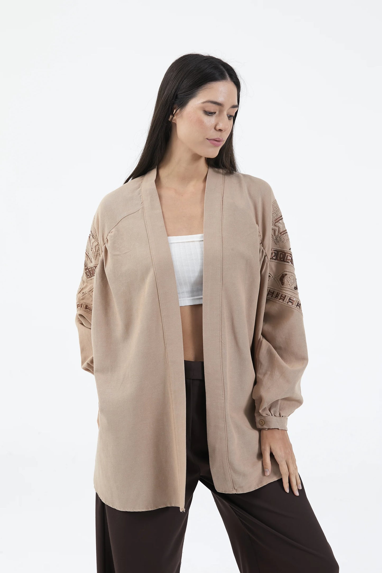 Bej Nakış İşlemeli Taşlı Mevsimlik Keten Kimono