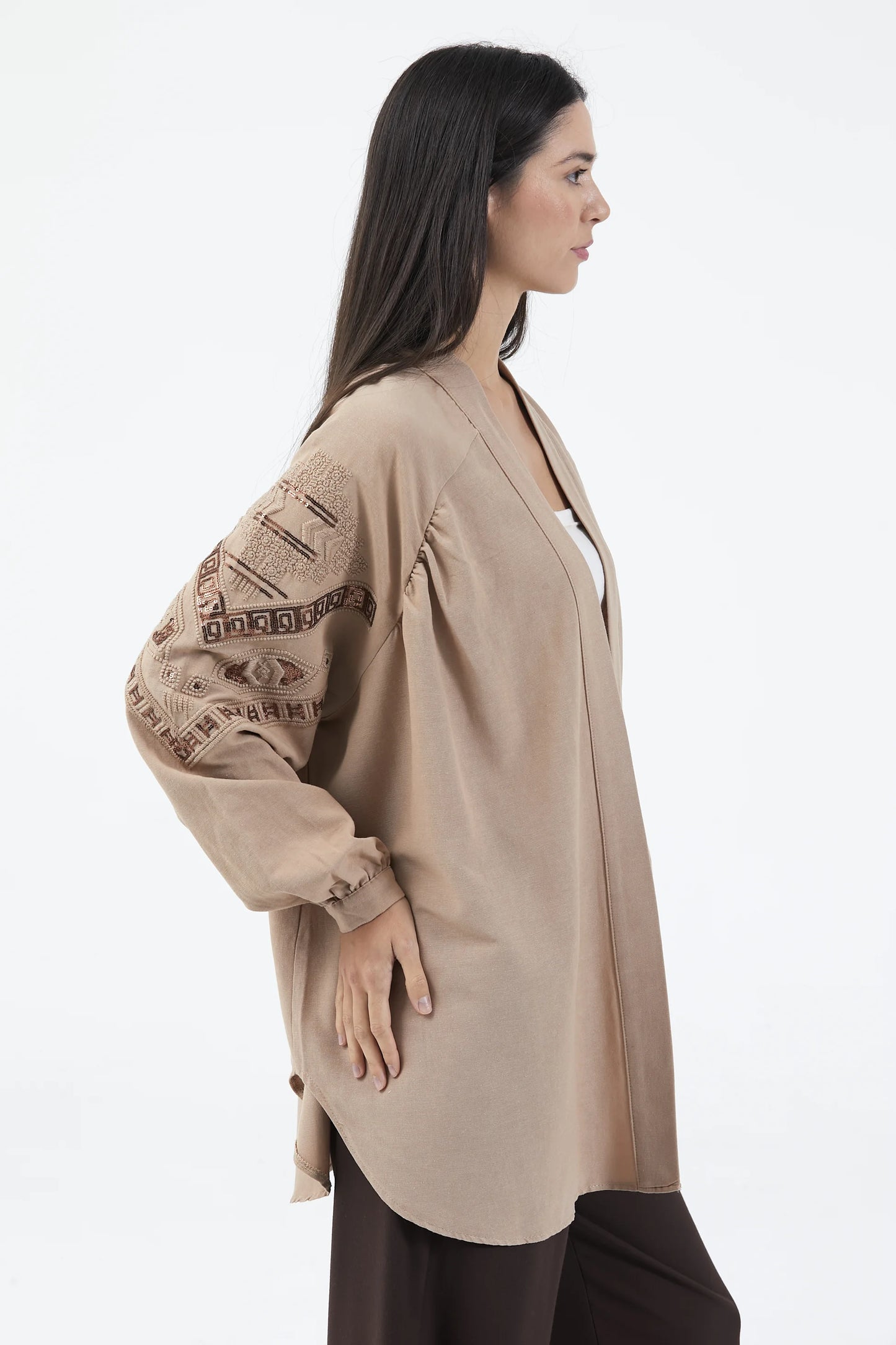 Bej Nakış İşlemeli Taşlı Mevsimlik Keten Kimono