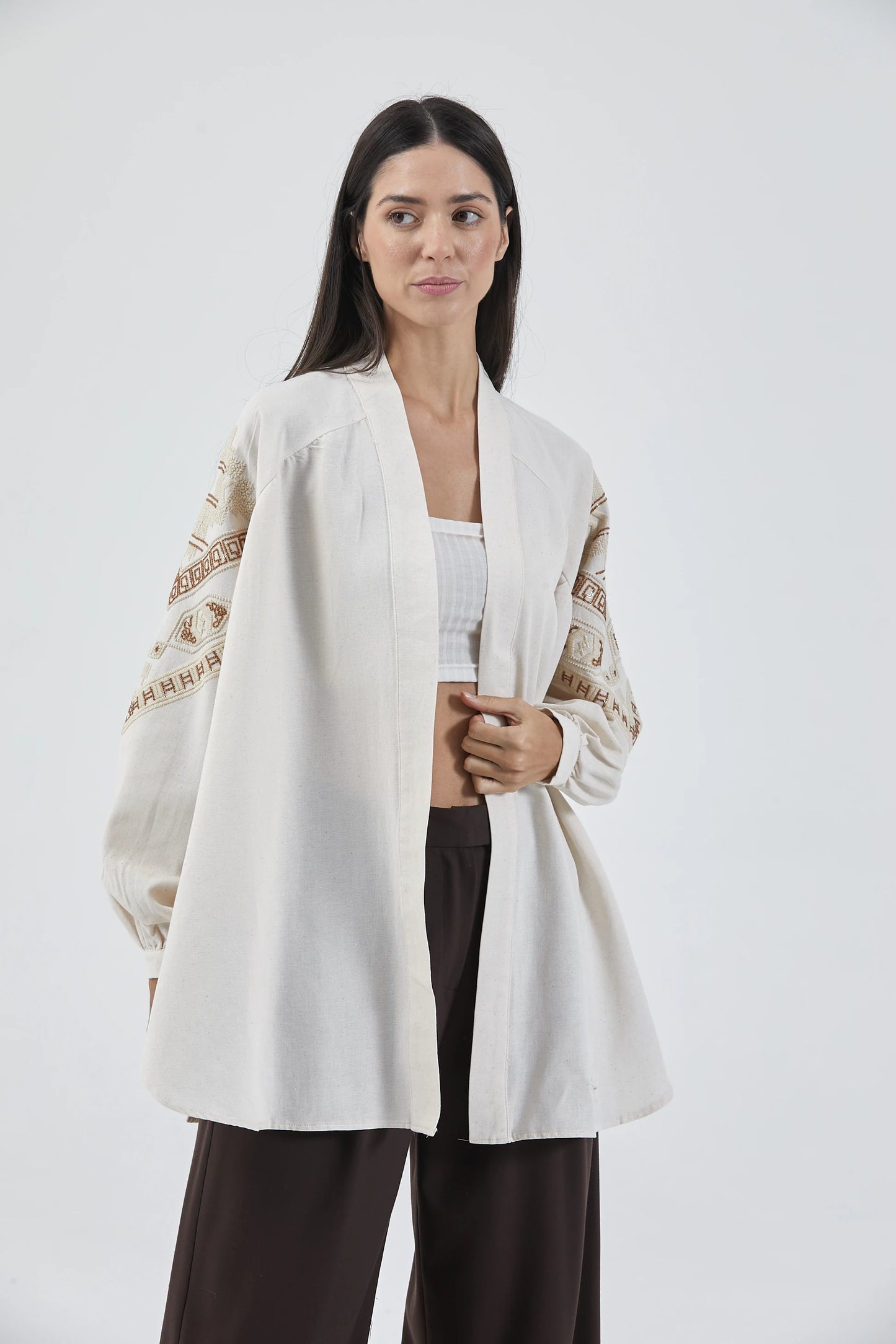 Krem Nakış İşlemeli Taşlı Mevsimlik Keten Kimono