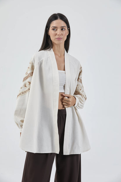 Krem Nakış İşlemeli Taşlı Mevsimlik Keten Kimono