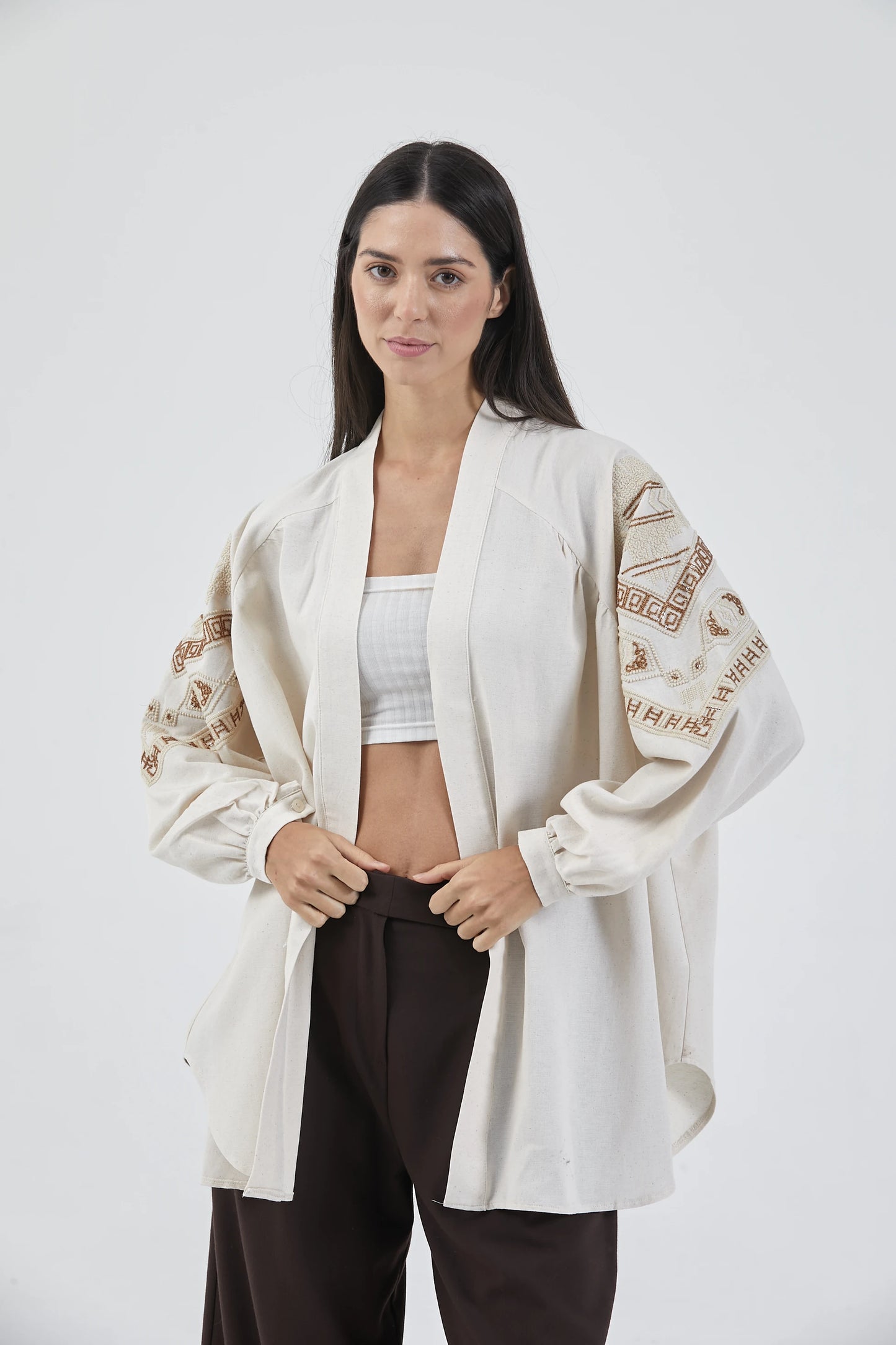 Krem Nakış İşlemeli Taşlı Mevsimlik Keten Kimono