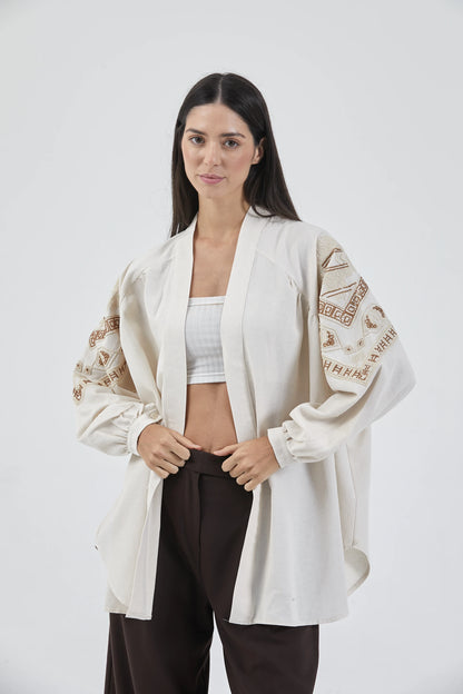 Krem Nakış İşlemeli Taşlı Mevsimlik Keten Kimono