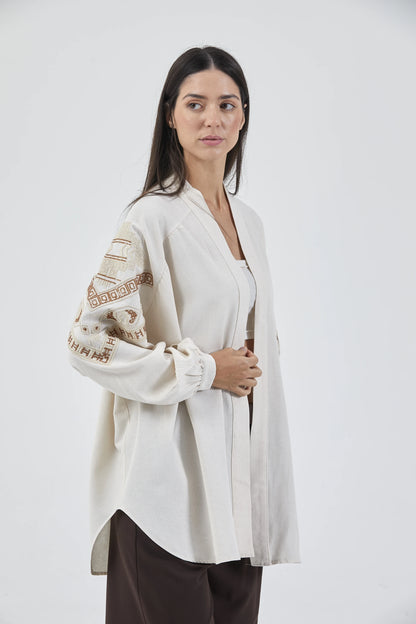 Krem Nakış İşlemeli Taşlı Mevsimlik Keten Kimono