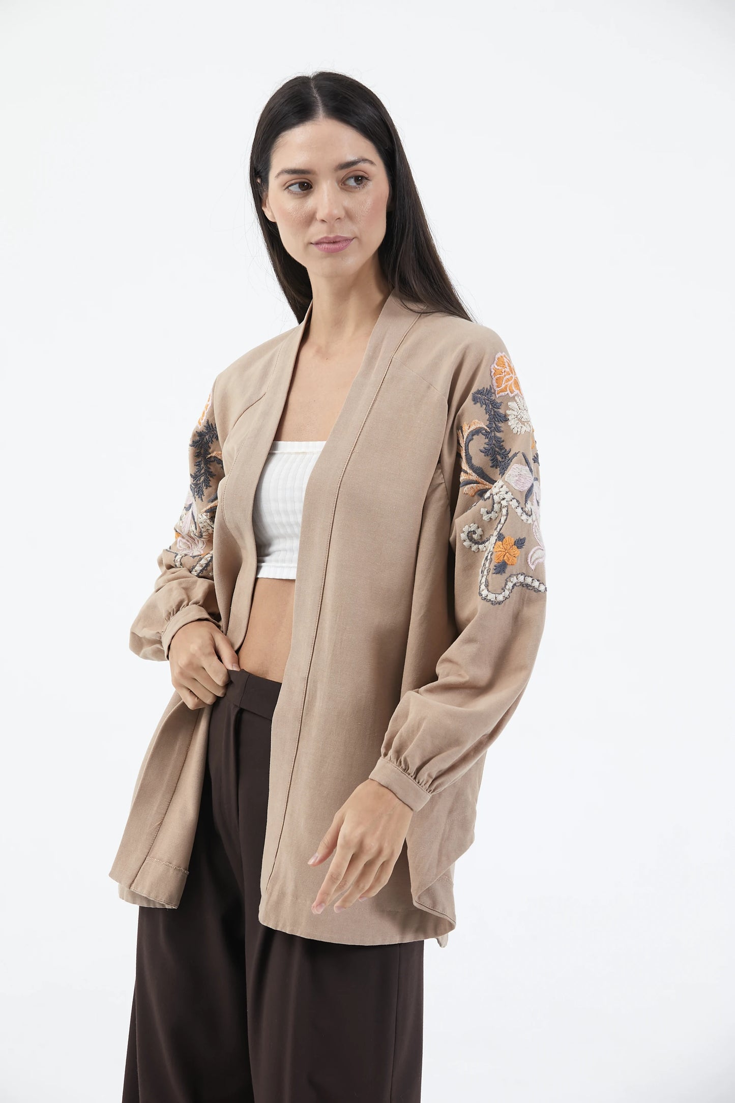 Bej Nakışlı Mevsimlik Keten Kimono