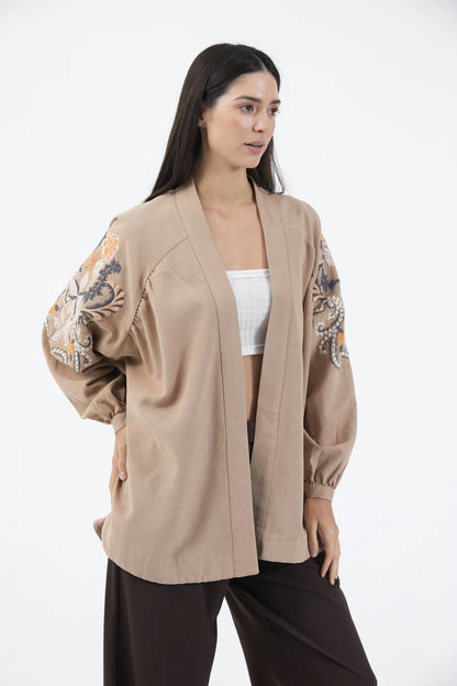Bej Nakışlı Mevsimlik Keten Kimono