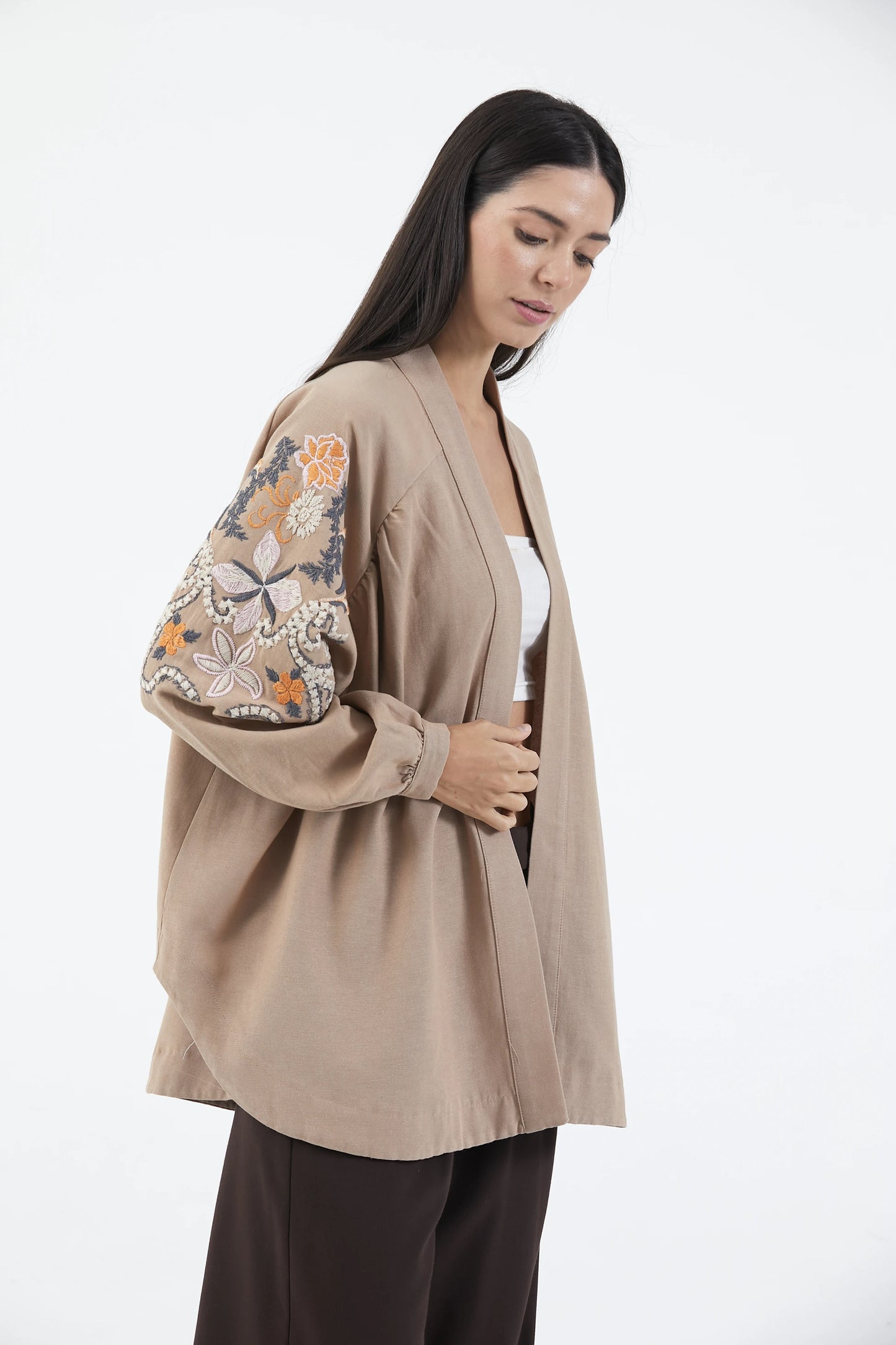 Bej Nakışlı Mevsimlik Keten Kimono