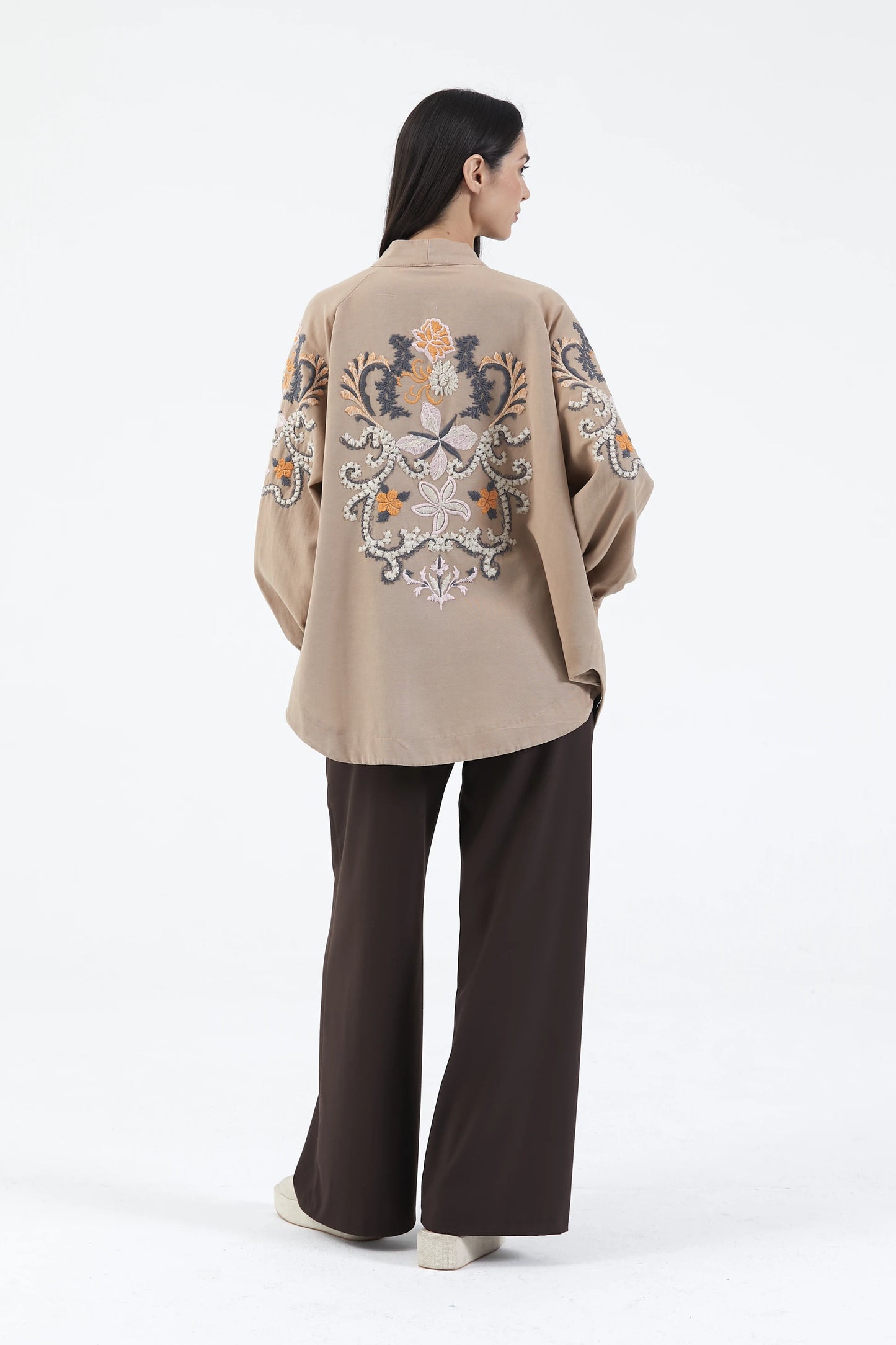 Bej Nakışlı Mevsimlik Keten Kimono