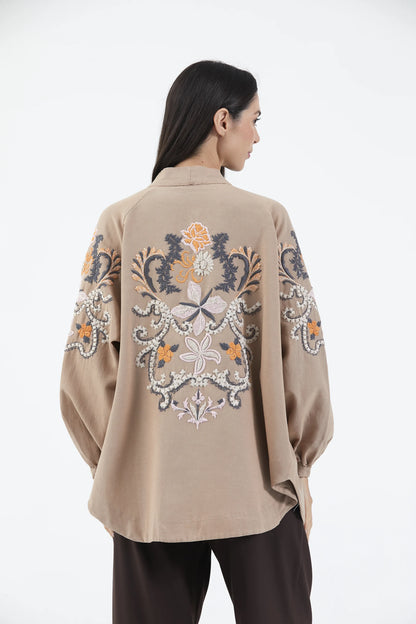 Bej Nakışlı Mevsimlik Keten Kimono