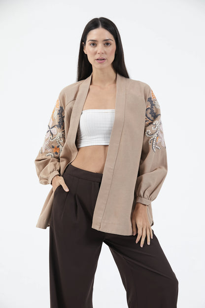 Bej Nakışlı Mevsimlik Keten Kimono