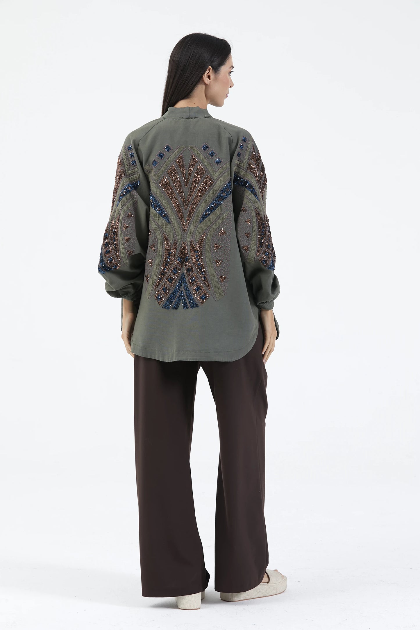 Haki Taş İşlemeli Nakışlı Mevsimlik Kimono