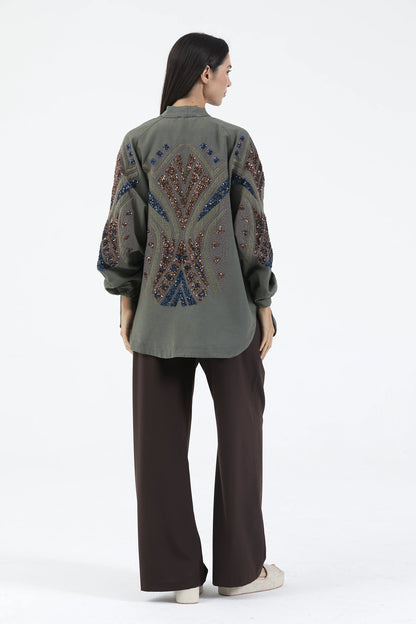 Haki Taş İşlemeli Nakışlı Mevsimlik Kimono