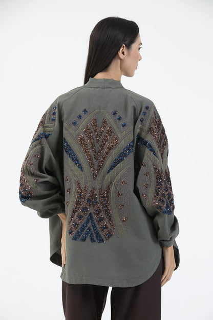 Haki Taş İşlemeli Nakışlı Mevsimlik Kimono