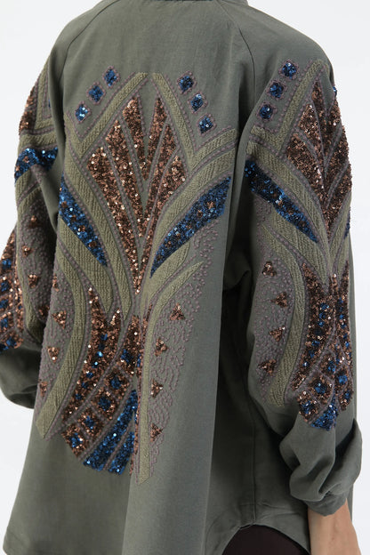 Haki Taş İşlemeli Nakışlı Mevsimlik Kimono