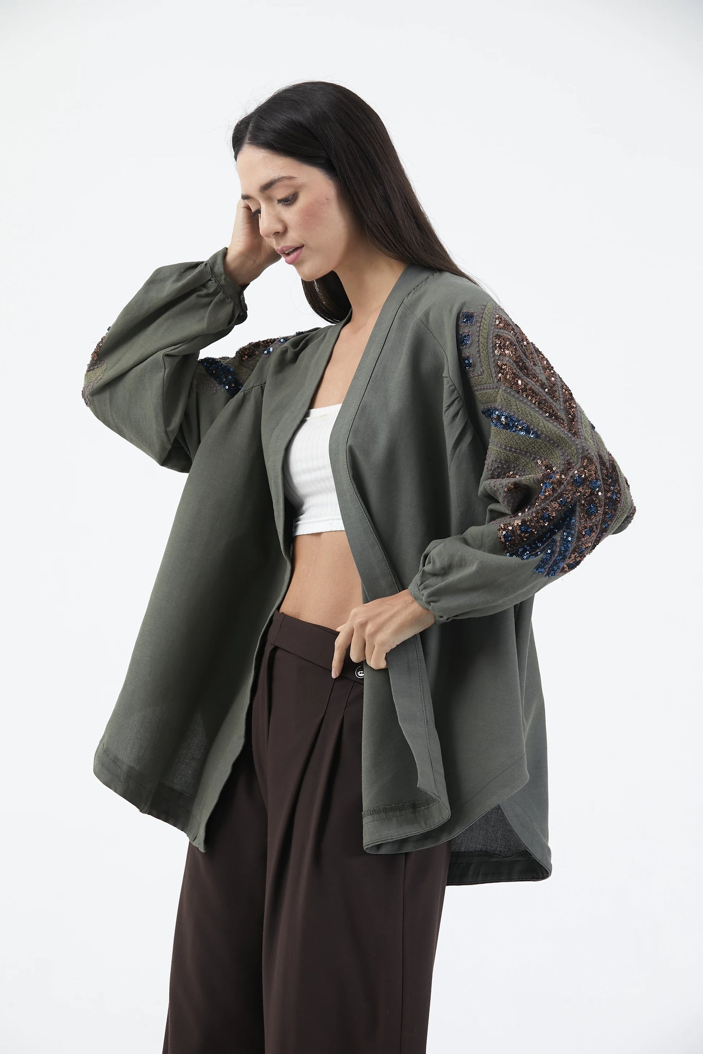 Haki Taş İşlemeli Nakışlı Mevsimlik Kimono