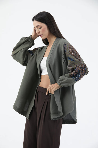 Haki Taş İşlemeli Nakışlı Mevsimlik Kimono