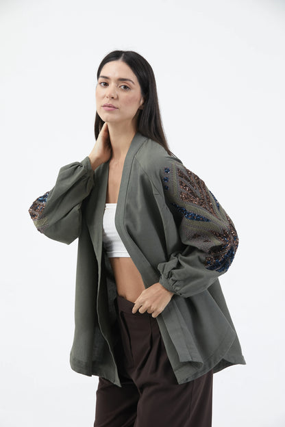 Haki Taş İşlemeli Nakışlı Mevsimlik Kimono