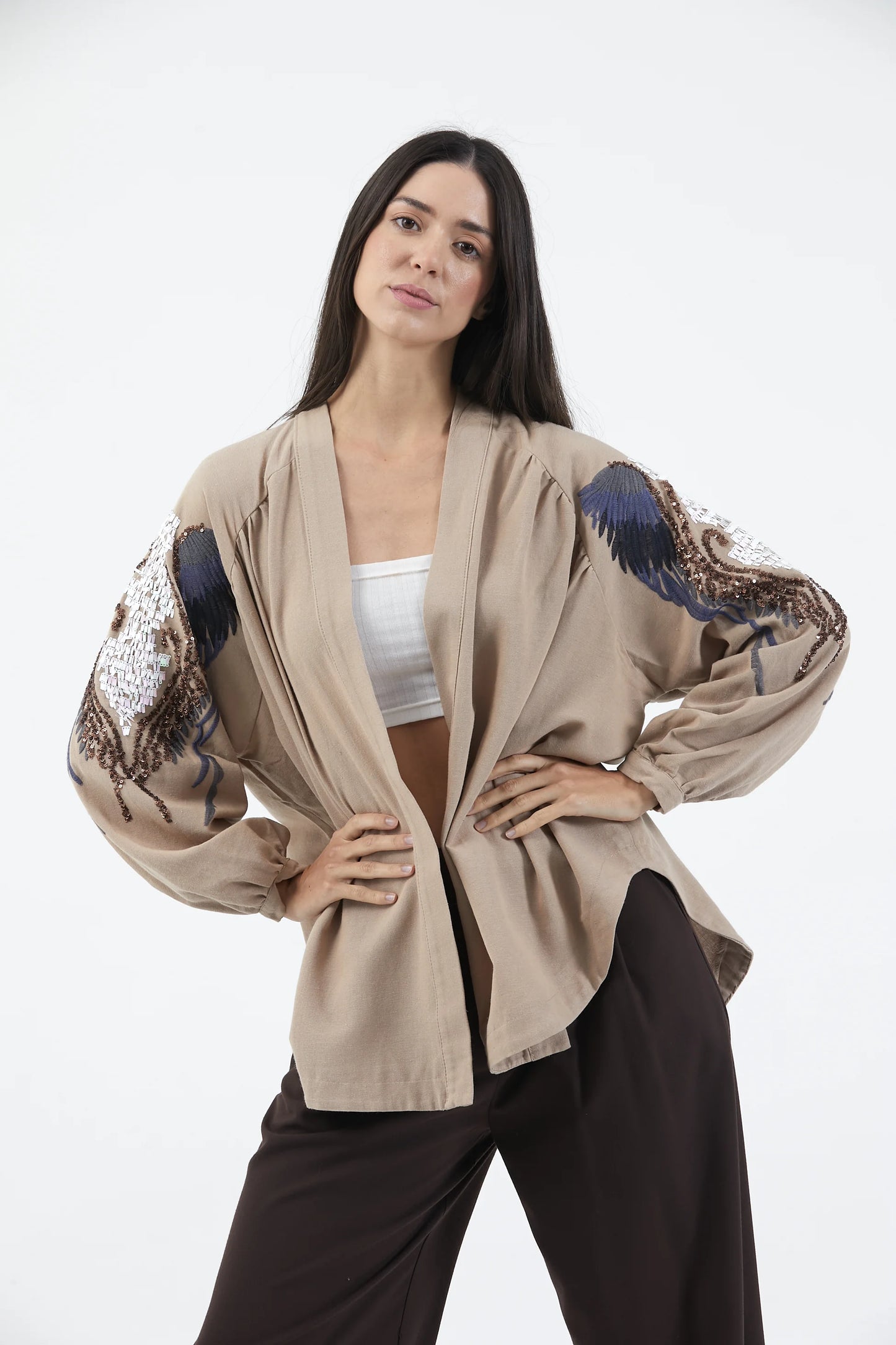 Bej Melek Kanatlı Taş İşlemeli Mevsimlik Kimono