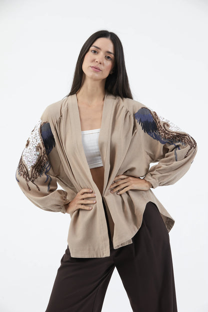 Bej Melek Kanatlı Taş İşlemeli Mevsimlik Kimono
