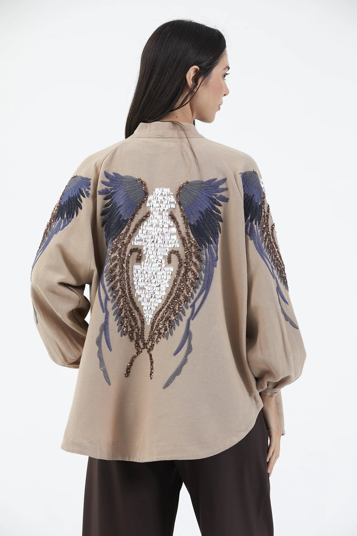 Bej Melek Kanatlı Taş İşlemeli Mevsimlik Kimono