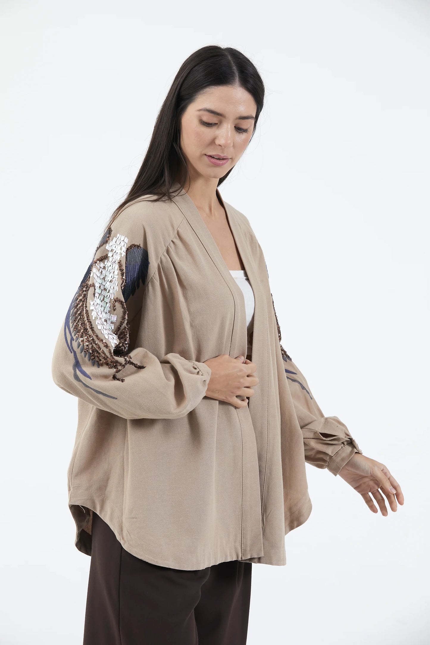 Bej Melek Kanatlı Taş İşlemeli Mevsimlik Kimono