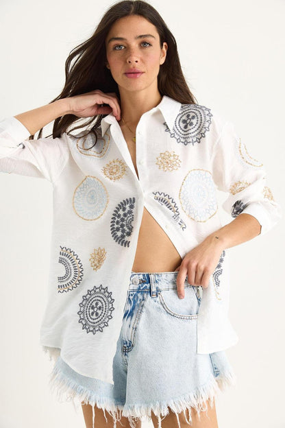 Taşlı Nakışlı Oversize Pamuklu Gömlek