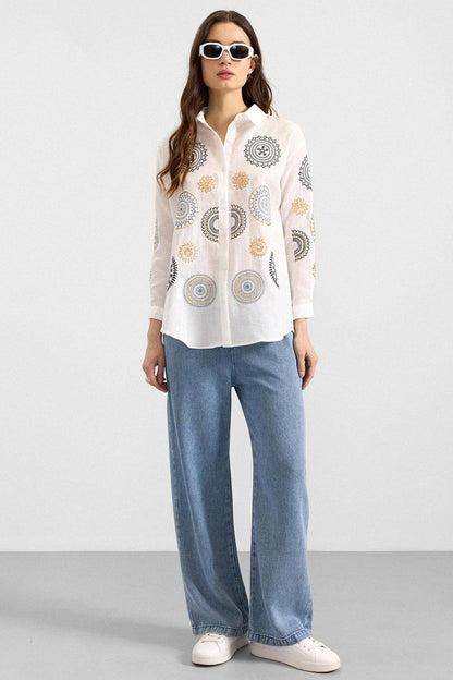 Taşlı Nakışlı Oversize Pamuklu Gömlek