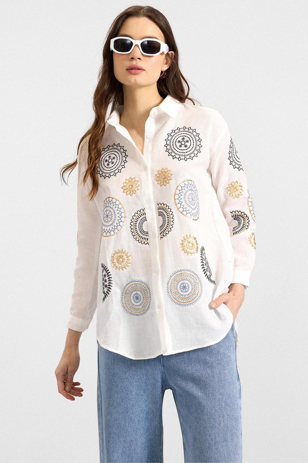 Taşlı Nakışlı Oversize Pamuklu Gömlek