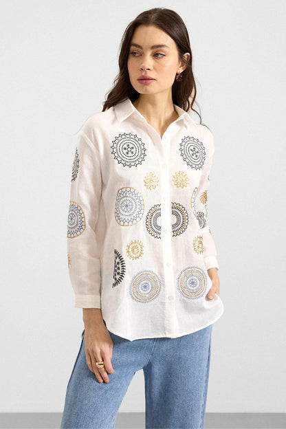 Taşlı Nakışlı Oversize Pamuklu Gömlek