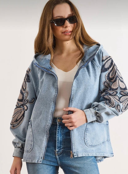 Nakış Detaylı Denim Kapüşonlu Kot Ceket