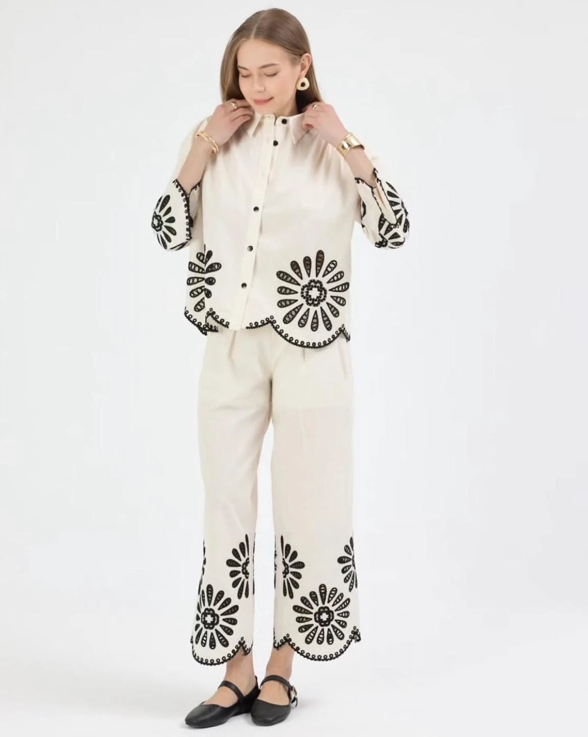Nakışlı %100 Cotton Gömlek-Pantolon İkili Takım