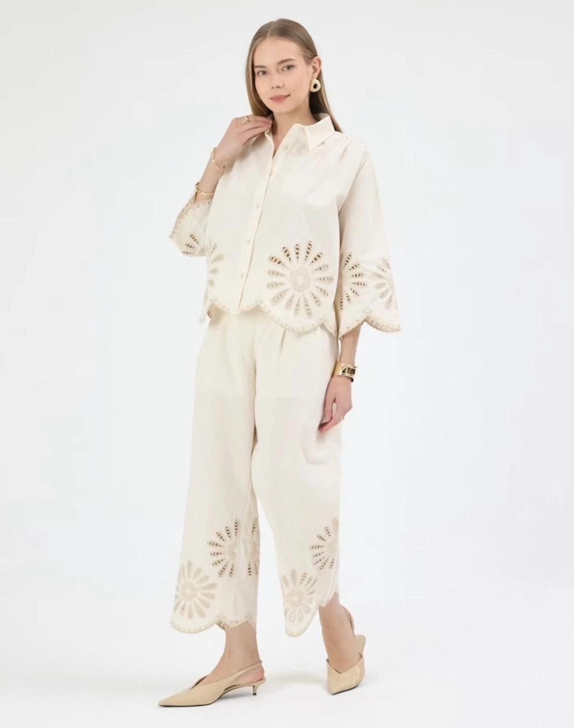 Nakışlı %100 Cotton Gömlek- Pantolon Takım