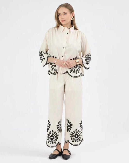 Nakışlı %100 Cotton Gömlek-Pantolon İkili Takım