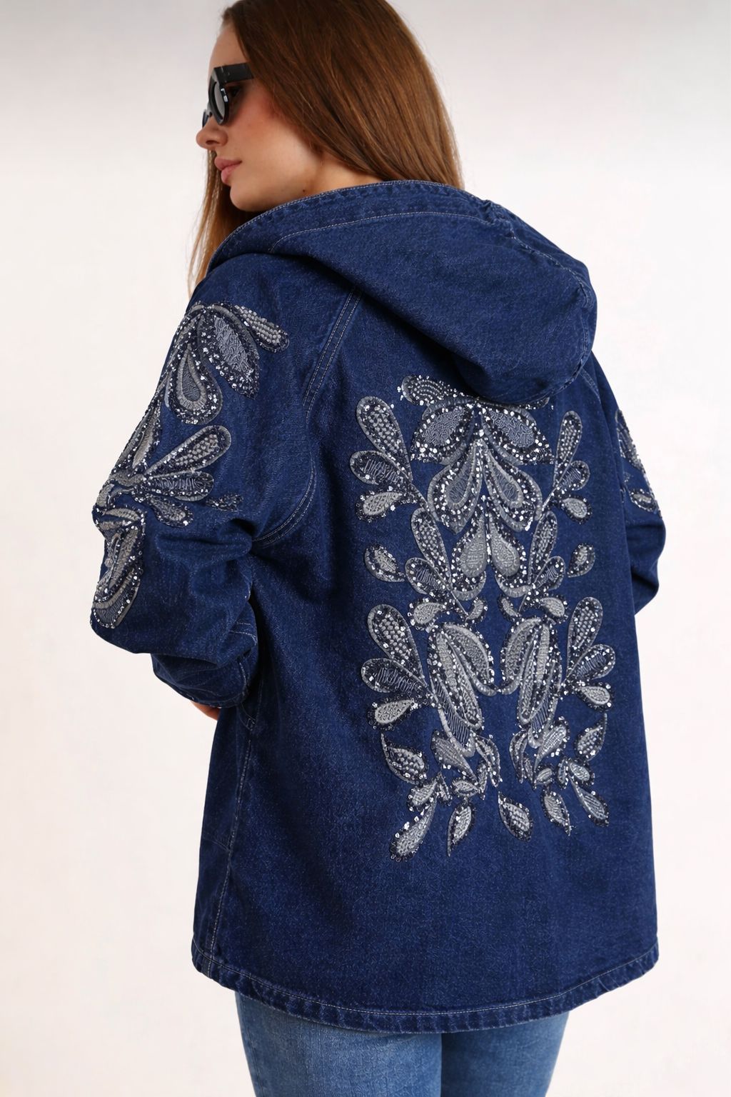Nakış Detaylı Denim Kapüşonlu Kot Ceket