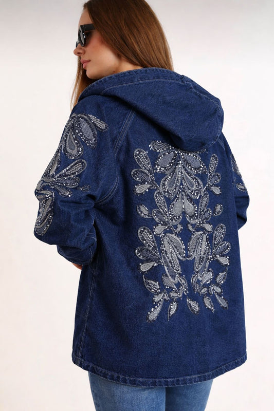 Nakış Detaylı Denim Kapüşonlu Kot Ceket