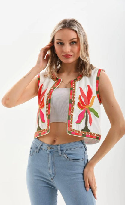 Nakış İşlemeli %100 Cotton İnce Mevsimlik Yelek