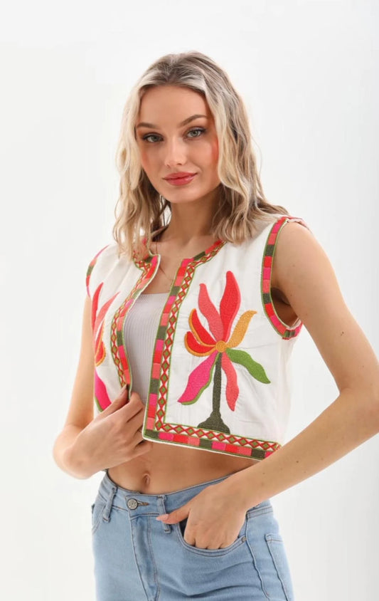 Nakış İşlemeli %100 Cotton İnce Mevsimlik Yelek