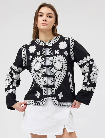 Nakış İşlemeli Bağlamalı Detaylı Cotton Ceket