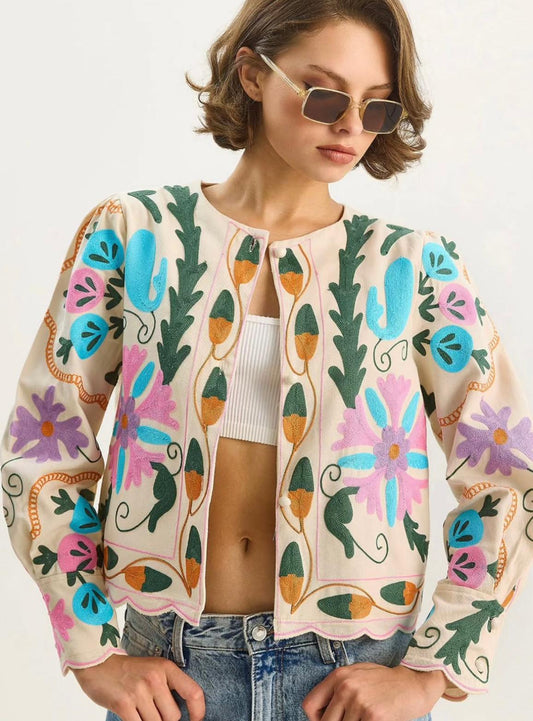 Renkli Nakış İşlemeli %100 Cotton Ceket
